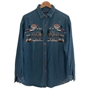 VTG Quizz Women's XL Denim Noahs Ark Safari Animals Embroidered Button Up Shirt